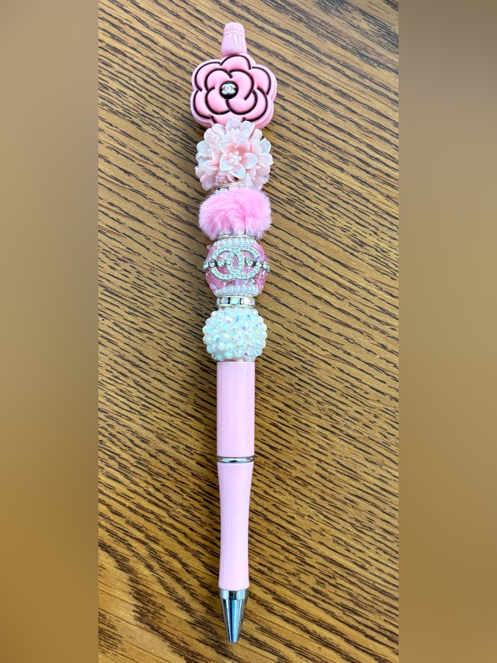 Custom Pink Beaded Pen Camellia Flower Rhinestone CC Charm Fluffy Pom Pom Bling